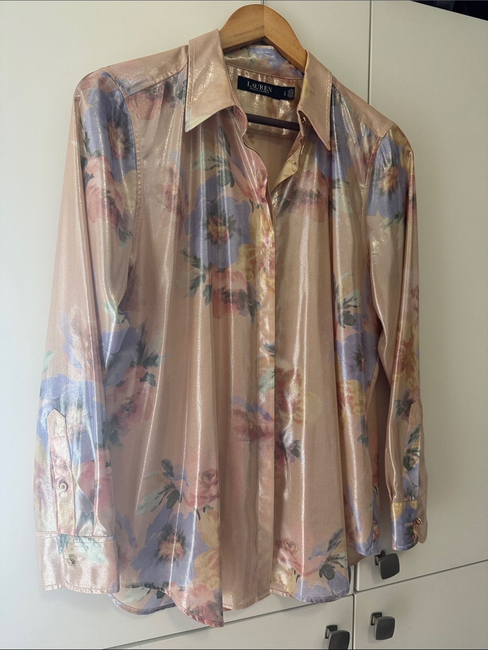 Lauren Ralph Lauren Sheer Satin Floral Button-Up in Blush and Lavender